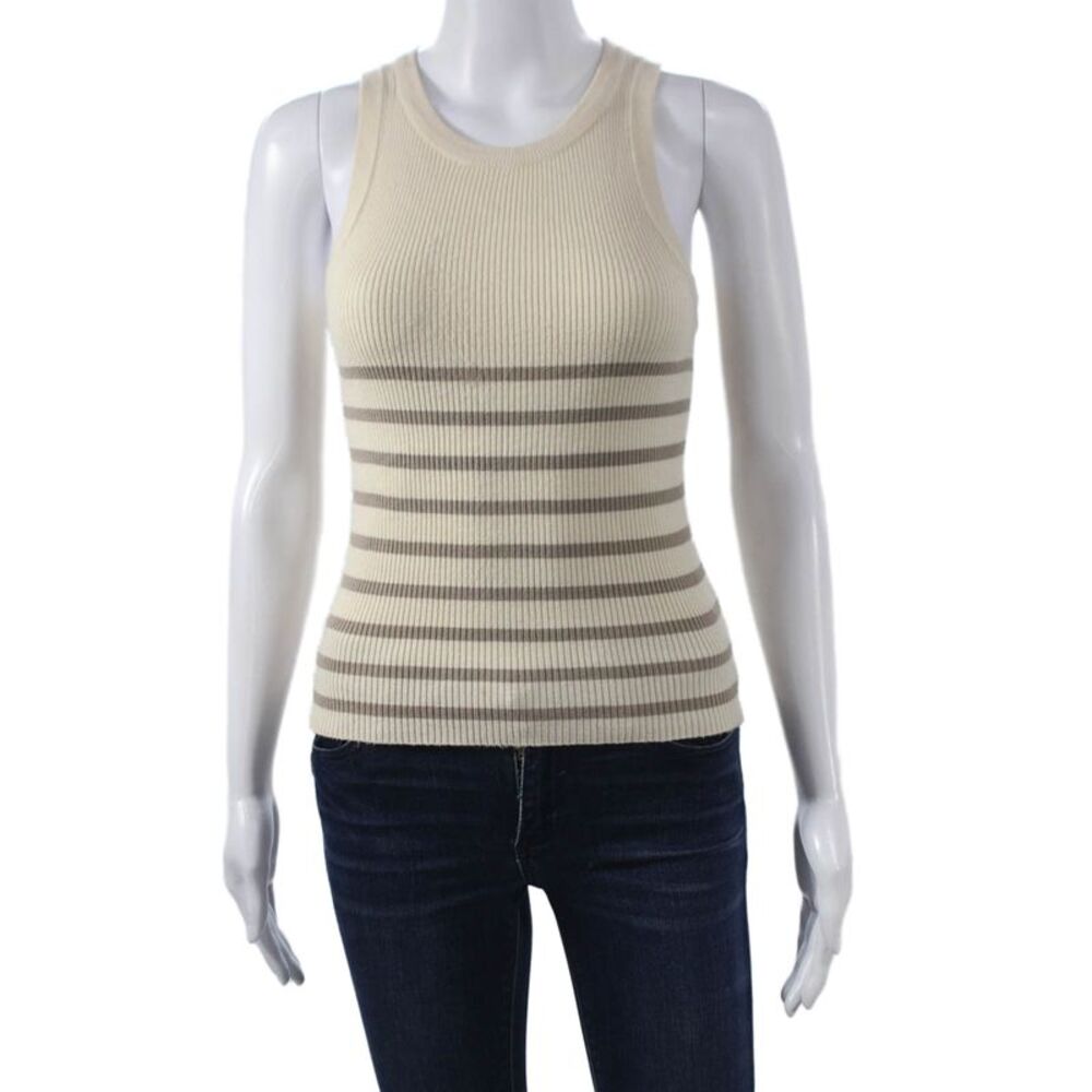 Deluc Womens Basic Ivory Cotton Striped Sleeveless Tank Round Neck Size M